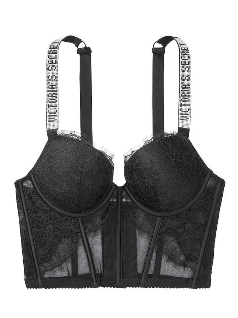 Victoria's Secret Black Lace Longline Bustier with Logo Straps